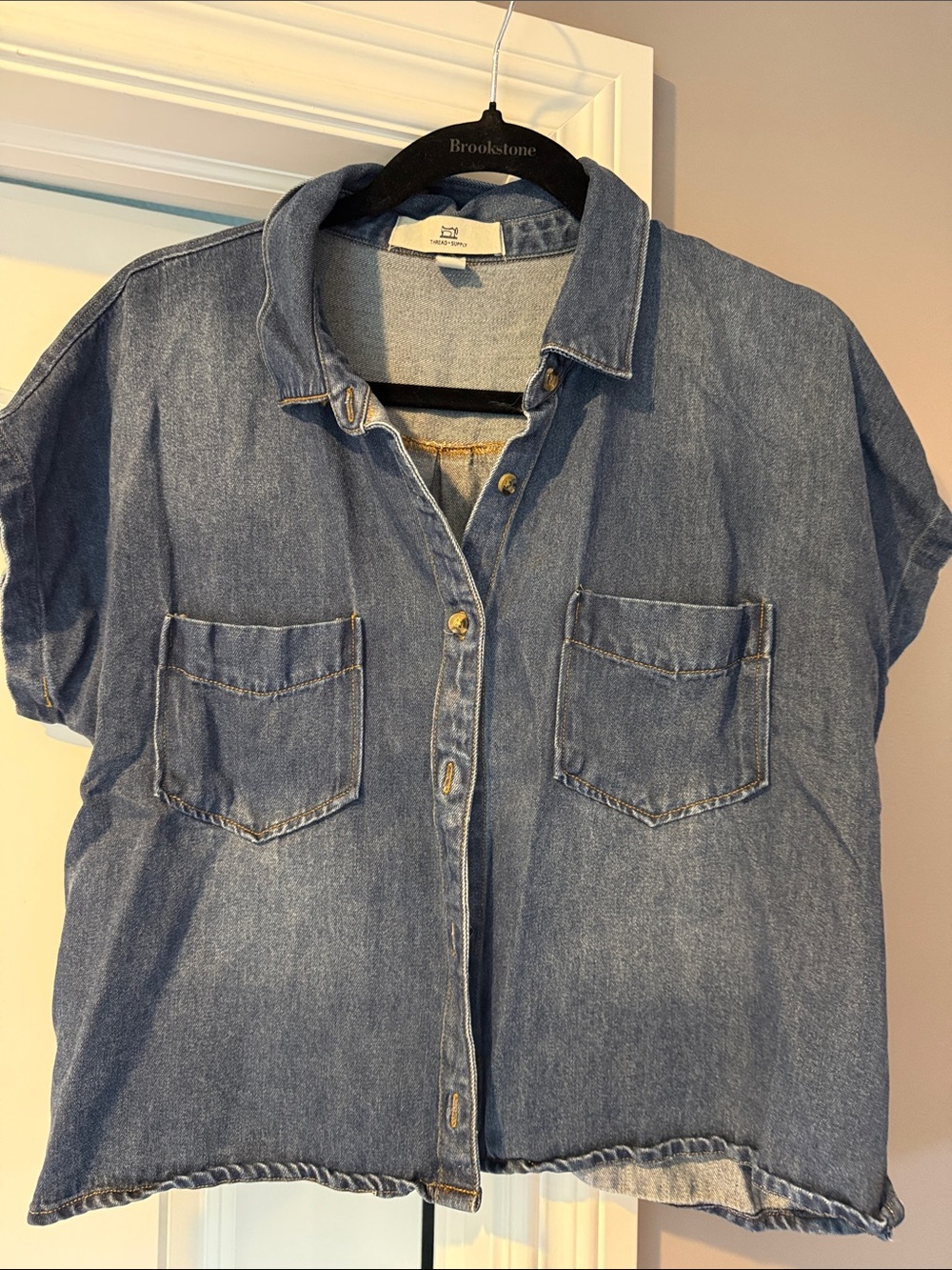 Casual Short-Sleeve Denim Button-Up Shirt - Blue. By Thread Supply